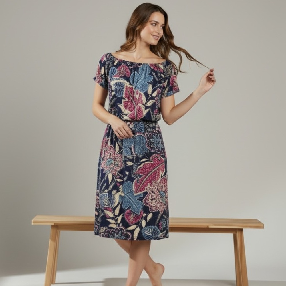 Talbots Navy and Pink Floral Midi Dress
